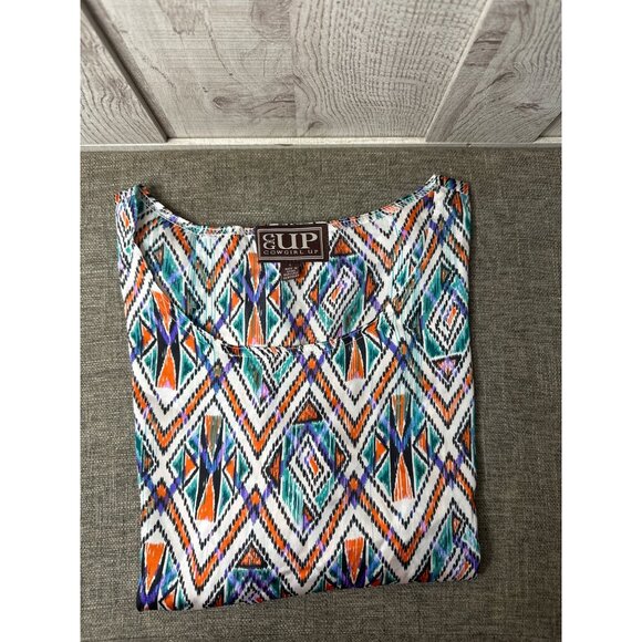 Cowgirl Up Womens Colorful Southwestern Aztec Print Blouse Large Blue Orange - Picture 3 of 7